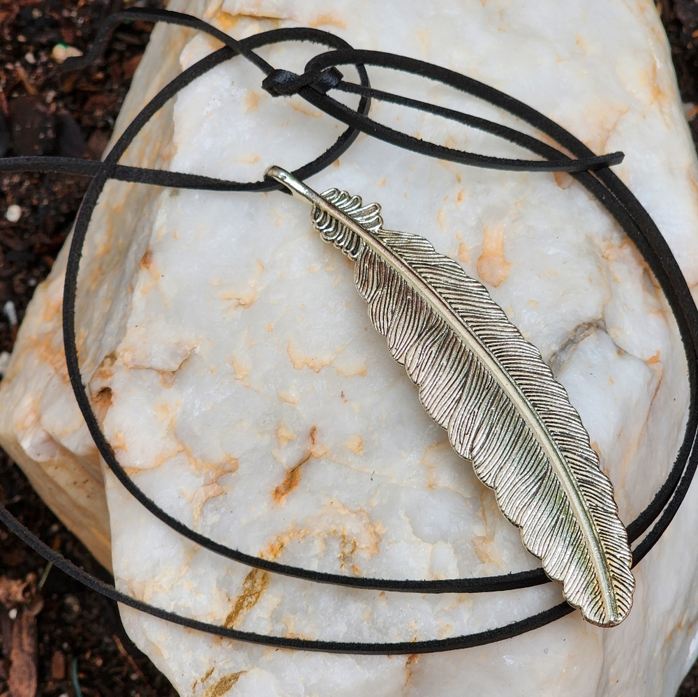 Johnny Was Jewelry Large Silver Pendant Feather Charm Black Cord Boho - Picture 11 of 12